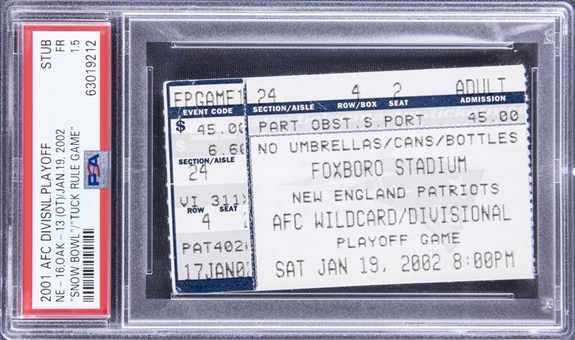 2001 AFC Divisional Playoff New England 16 - Oakland 13 (OT) "Snow Bowl/Tuck Rule Game" Ticket Stub - PSA FR 1.5